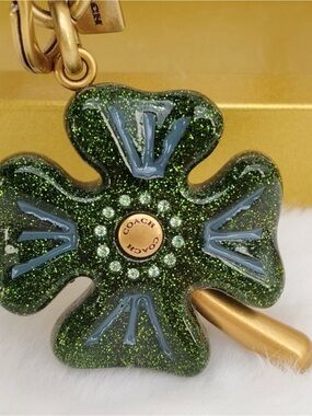 Coach Green Glitter Flower Key Charm with Gold Accents